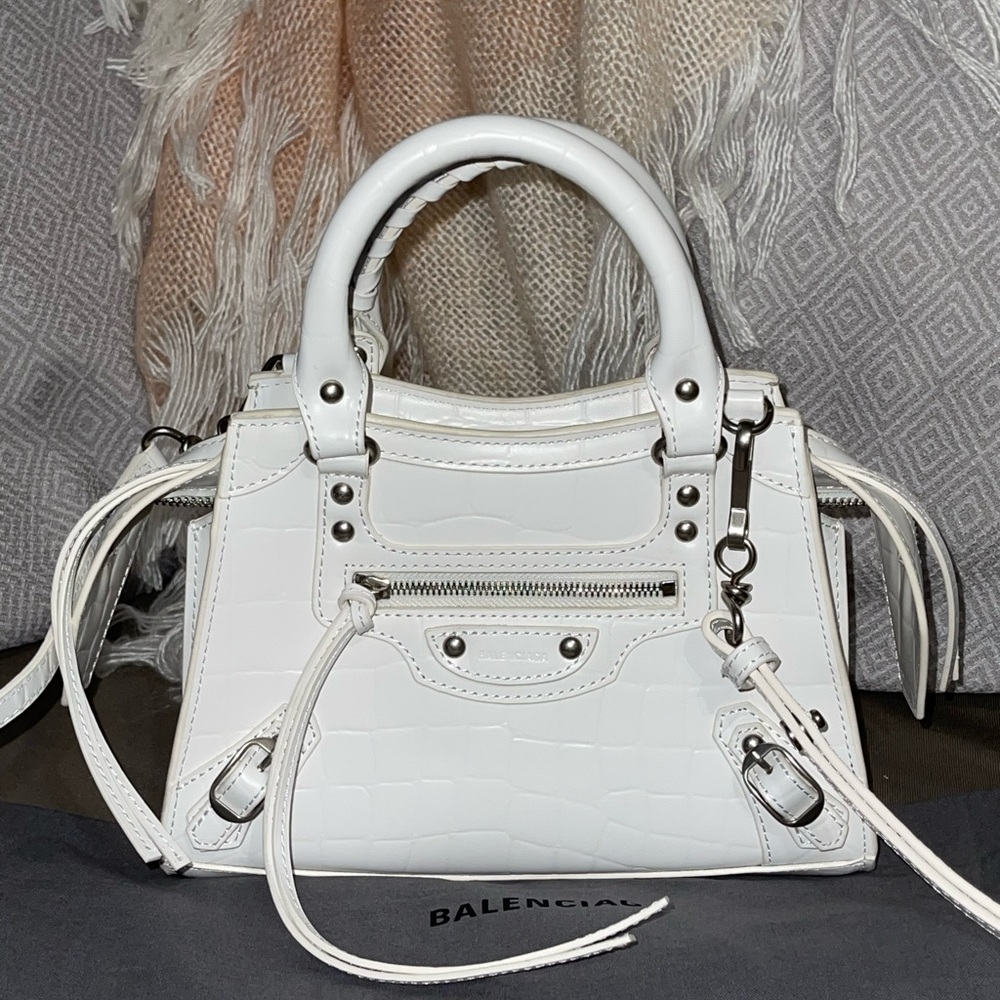 NWT Balenciaga Neo Classic Mini Leather Crocodile Embossed City in White/Silver